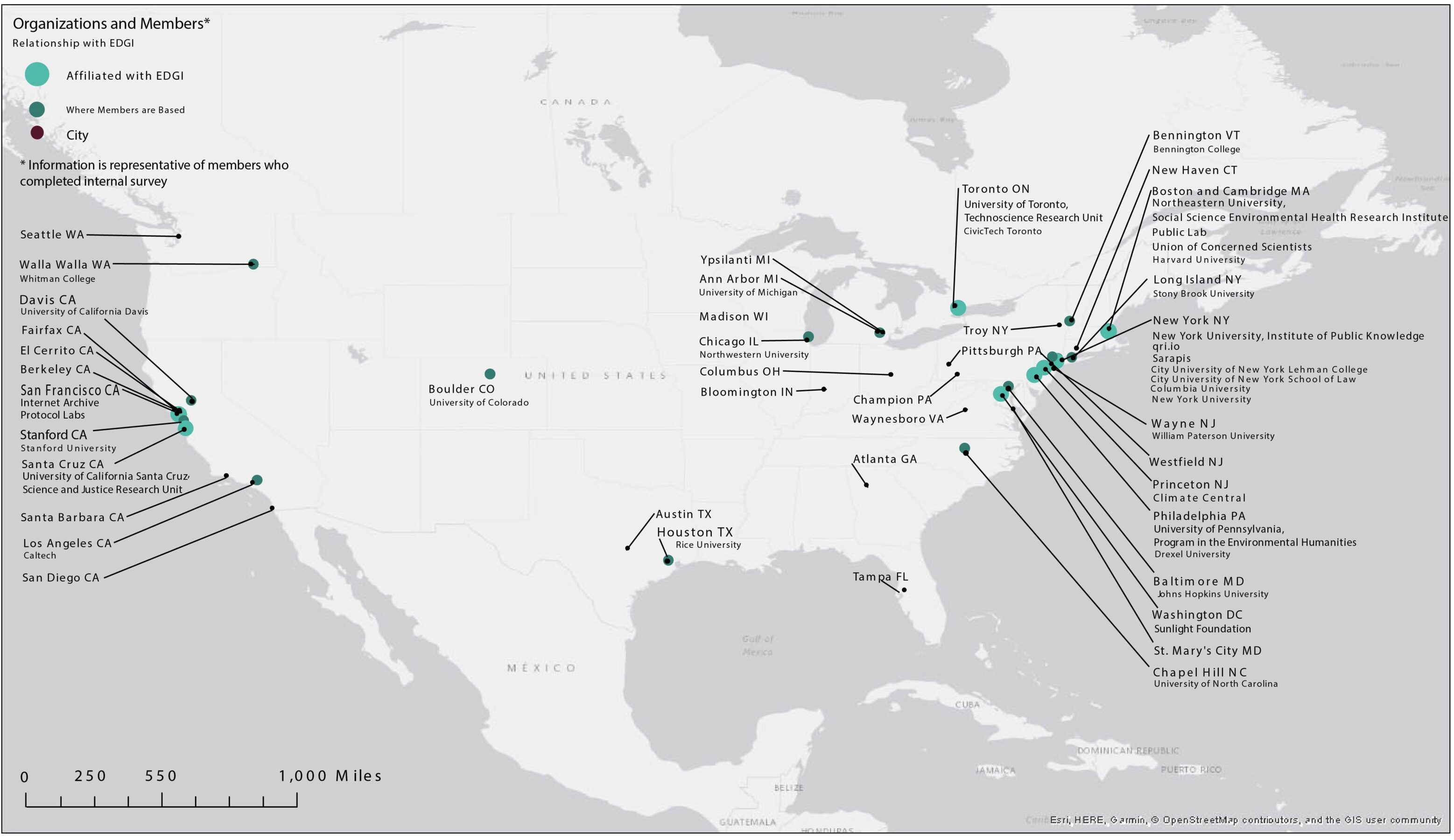Image Description: Map of EDGI-affiliated organizations and member locations in the United States and Canada