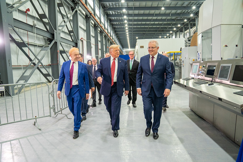 President Donald J. Trump and Australian Prime Minister Scott Morrison tour the Pratt Industries plant with Pratt Industries Executive Chairman Anthony Pratt Sunday, Sept. 22, 2019, in Wapakoneta, Ohio. (Official White House Photo by Shealah Craighead)