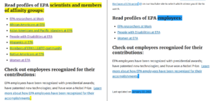 Screenshot showing two versions of the "What Kind of People Work at EPA" webpage. Several links to affinity groups have been removed.