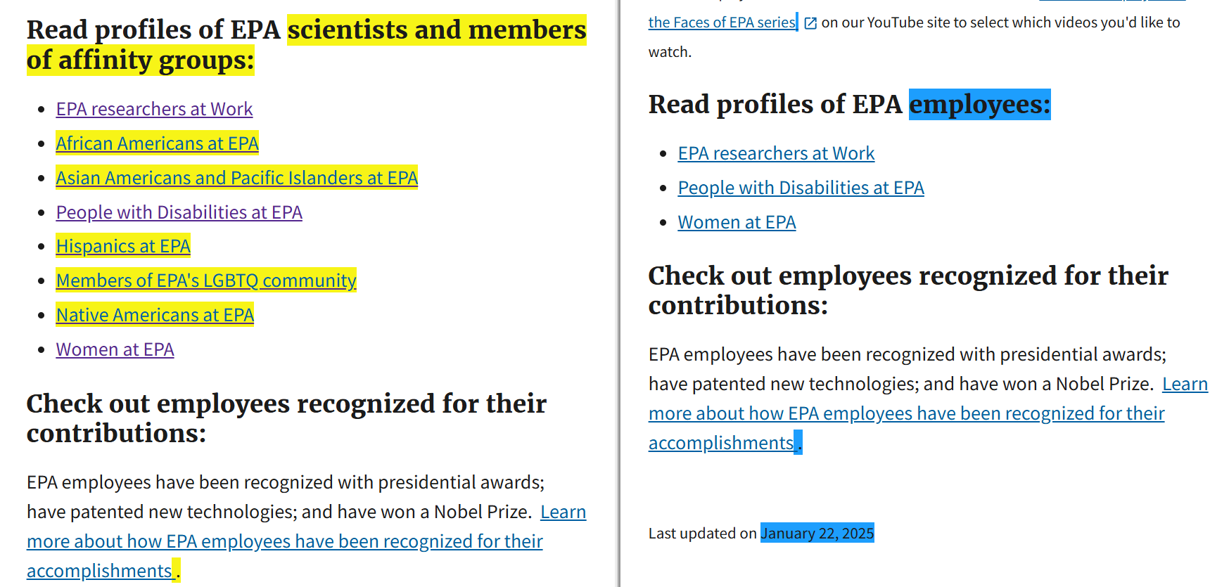 Screenshot showing two versions of the "What Kind of People Work at EPA" webpage. Several links to affinity groups have been removed.