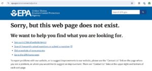 EPA’s Environmental Justice website returns a 404 error, with text stating, “Sorry, but this web page does not exist.”