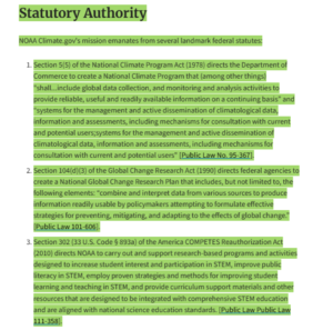 The Climate.gov “About” page with a new “Statutory Authority” section. Text highlighted in green was added between March 6 and 12, 2025.