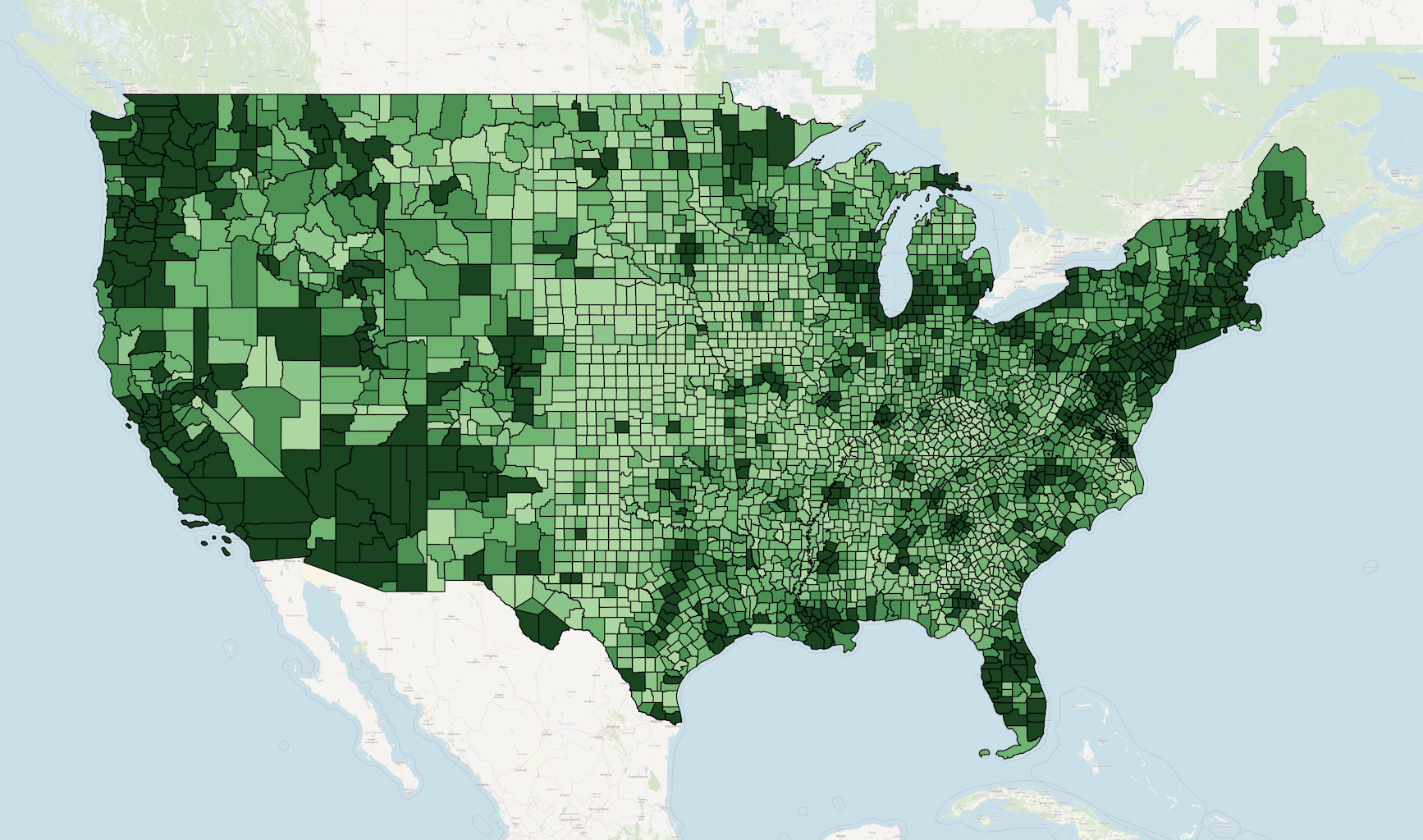 A map of the USA with different counties highlighted