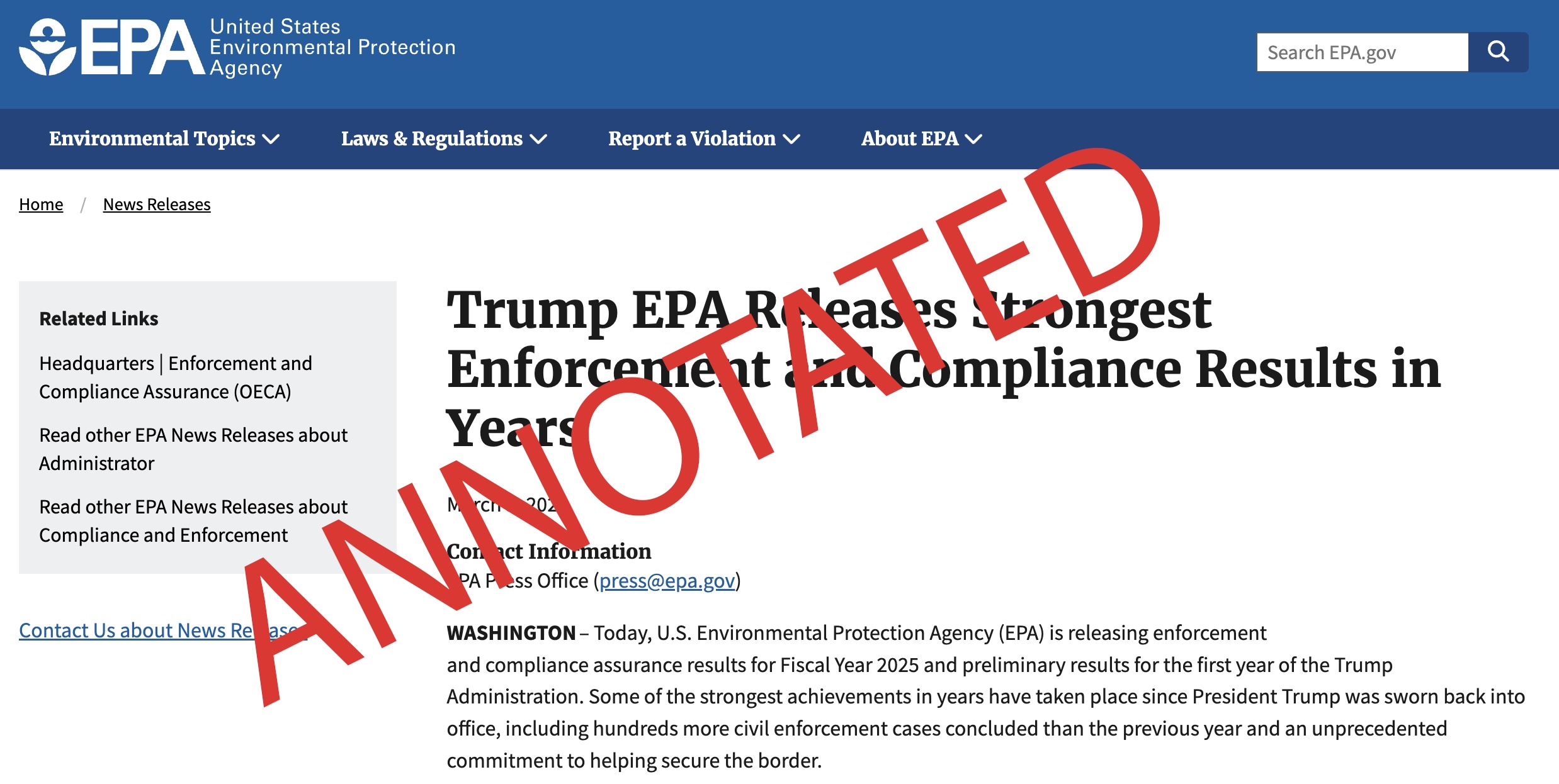 EPA’s Enforcement Report Press Release: Annotated